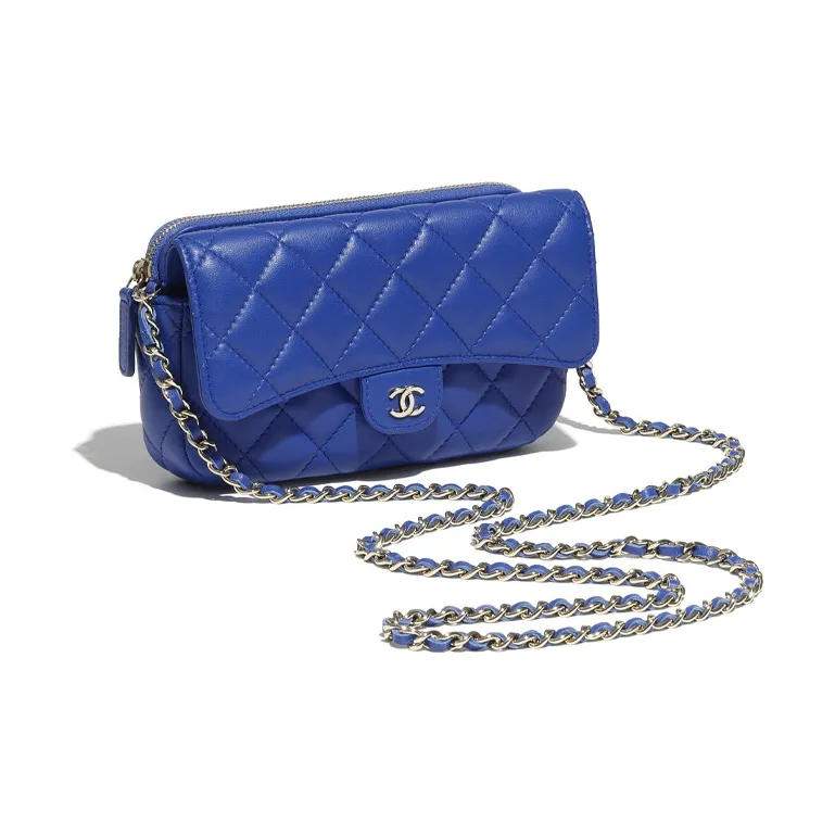 CHANEL Lambskin Crossbody Cell Phone Pouch Regular Women's Blue-2