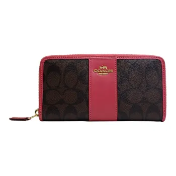 COACH Accordion Zip PVC With Leather Wallet Clutch Wallet Women's Dark Coffee With Pink Accents