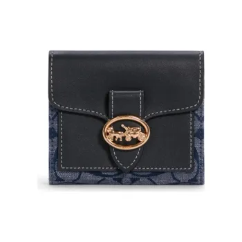 COACH Georgie Fabric With Leather Clutches Wallets Small Size Women's Denim Blue Monogram