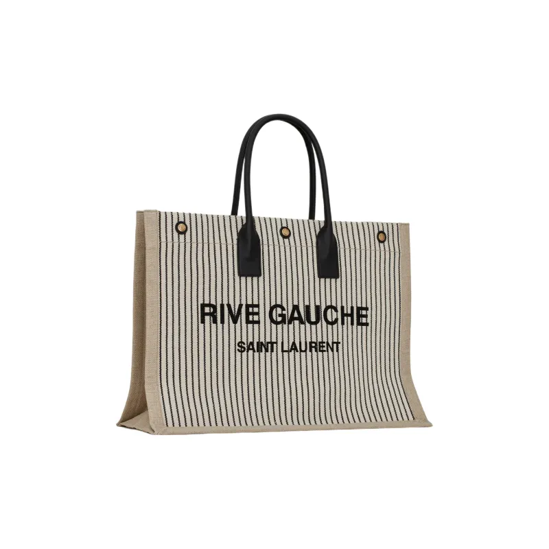 SAINT LAURENT Rive Gauche Fabric With Cow Leather Tote Bag, Shopping Bag, Handbag Unisex Cream Gray/Black-1