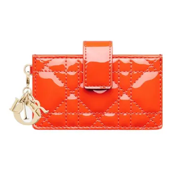 DIOR Lady Dior Patent Leather Cowhide Coin Purse Card Clip Card Holder Women's Bright Orange