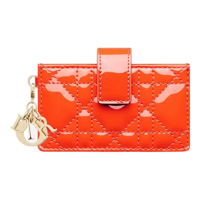 DIOR Lady Dior Patent Leather Cowhide Coin Purse Card Clip Card Holder Women's Bright Orange-0