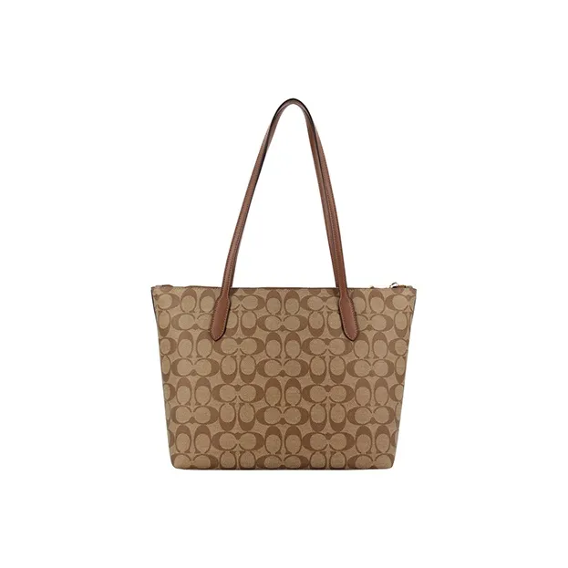 COACH Zip Top Tote Canvas With Leather Tote Bag Shopping Bag Shoulder Bags Large Size Women's Brown Monogram-4