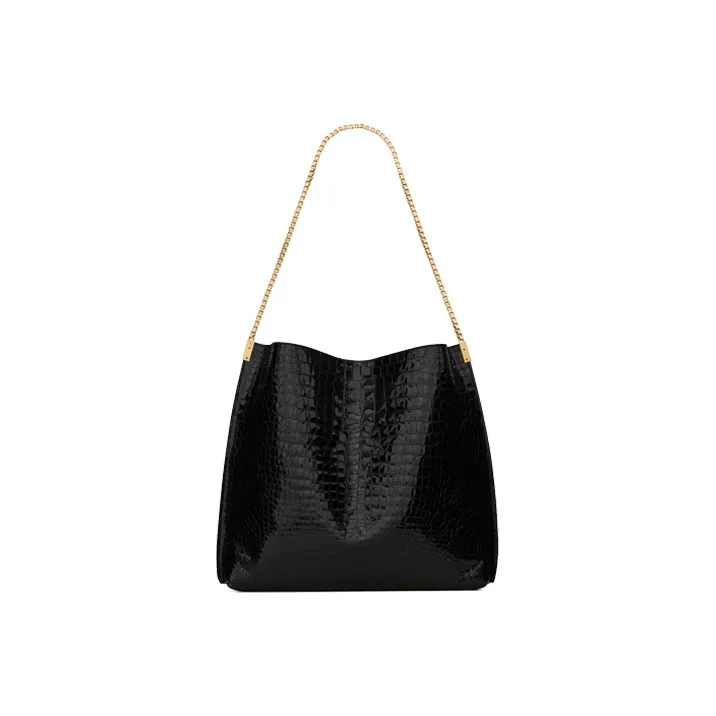 SAINT LAURENT Crocodile Pattern Stamped Leather Hobo Bag Shoulder Bag Crossbody Bag Medium Size Women's Black-5