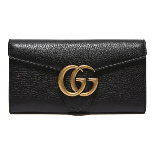 GUCCI Wmns GG Marmont Logo Leather Long Flap Wallet Black