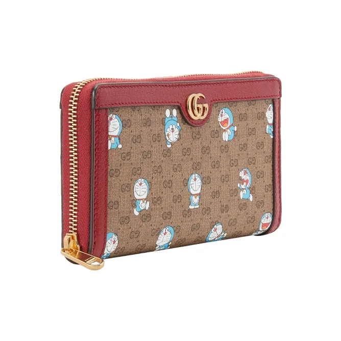 GUCCI Doraemon Collaboration Canvas With Leather Long Zip Closure Wallet Unisex Ebony/Red-1