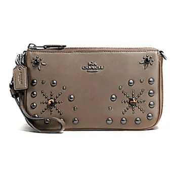 COACH NolitaWristlet Solid Color Leather Stud Zip Pochette Shoulder Bag Clutch Trumpets Women's Coffee