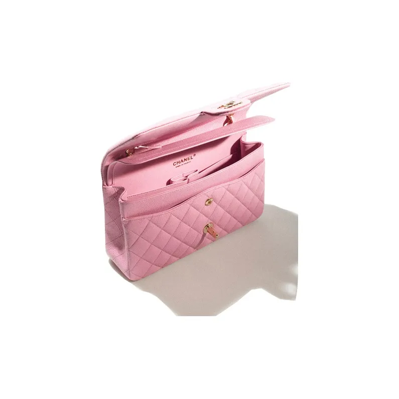 CHANEL 22SS Spring And Summer Classic Flap CF Grain Embossed Shiny Calfskin Shoulder Bag, Crossbody Bag Women's Pink-3