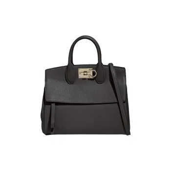 FERRAGAMO Grain Cow Leather Shopping Bag, Shoulder Bag Small Size Women's Black