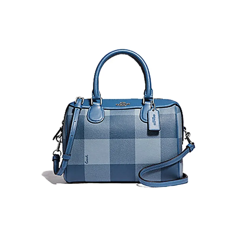 COACH Bennett Canvas Boston Bag, Crossbody Bag, Handbag Trumpets Women's Blue Plaid-0