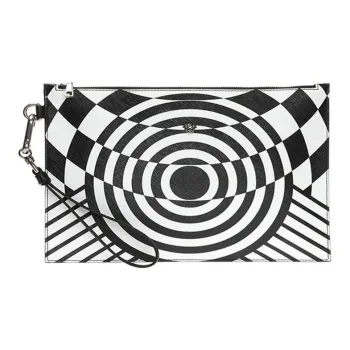 VERSACE Cow Leather Coin Purse Clutch Men's Black White