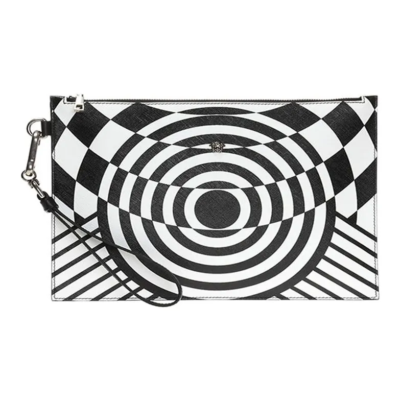 VERSACE Cow Leather Coin Purse Clutch Men's Black White-0