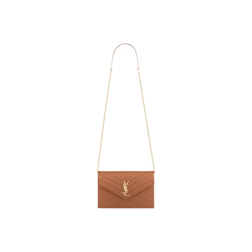 SAINT LAURENT Envelope Leather Chain Wallet Shoulder Bag Crossbody Bag Light Brown