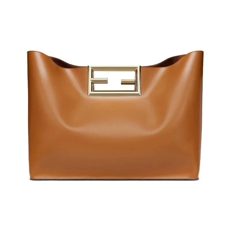 FENDI Calfskin Tote Bag Shopping Bag Handbag Large Size Women's Brown-3
