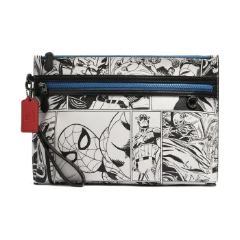COACH Marvel Collaboration Pouch Cowhide Patchwork Canvas Clutch Tubas Women's White