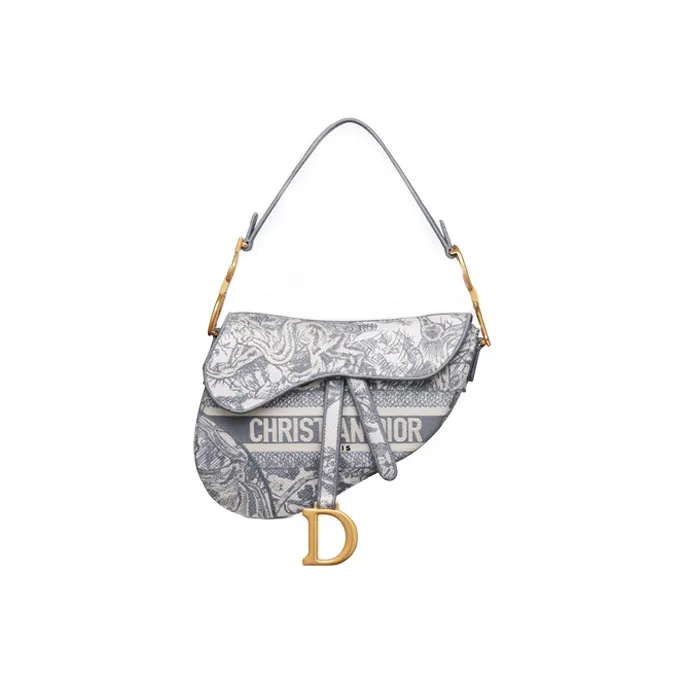 DIOR Saddle Ruiyi Print Embroidery One Shoulder Handbags Medium Size Women's Gray-0