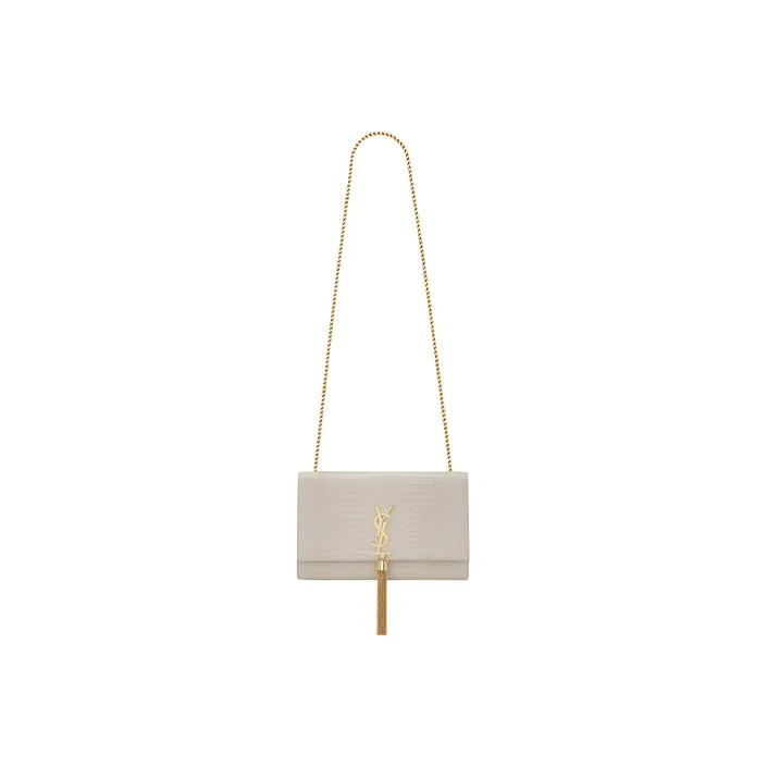 SAINT LAURENT KATE Crocodile Pattern Embossed Shiny Leather Fringe Shoulder Bag Crossbody Bag Medium Size Women's White-1