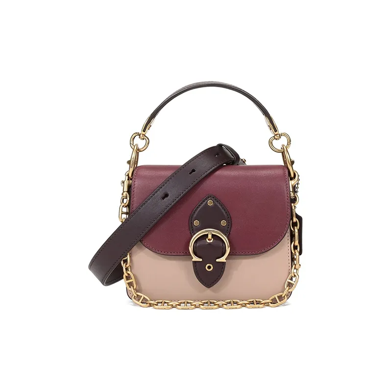 COACH Beat Leather Saddle Bag Crossbody Bag One Shoulder Handbag Small Size Women's Burgundy Multicolor-0