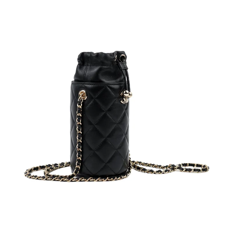 CHANEL Lambskin Chain Drawstring Water Bottle Pocket, Chain Bag, Crossbody Bag Women's Black-1