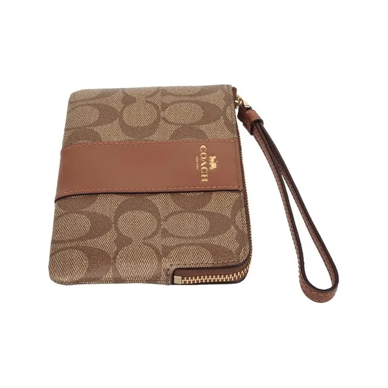 COACH Corner Zip Canvas With Leather Coin Purse Wrist Bag Clutch Small Size Women's Caramel Brown Multicolor-4