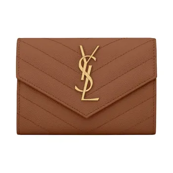 SAINT LAURENT Monogram Quilting Leather Cropped Flap Envelope Wallet Small Size Women's Deep Natural Brown