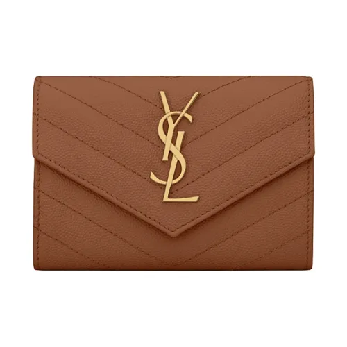 SAINT LAURENT Monogram Quilting Leather Cropped Flap Envelope Wallet Small Size Women's Deep Natural Brown