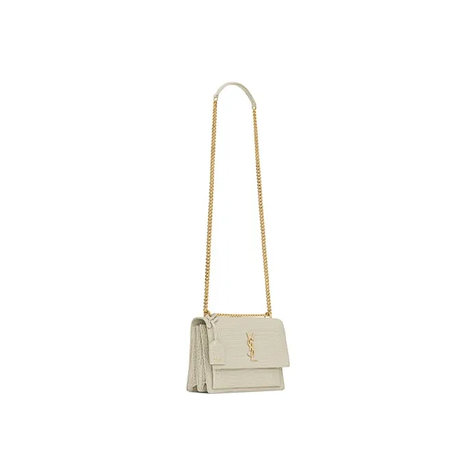 SAINT LAURENT SUNSET Crocodile Embossed Bright Leather Sunset Bag, Crossbody Bag, Shoulder Bag Women's Vintage White-2