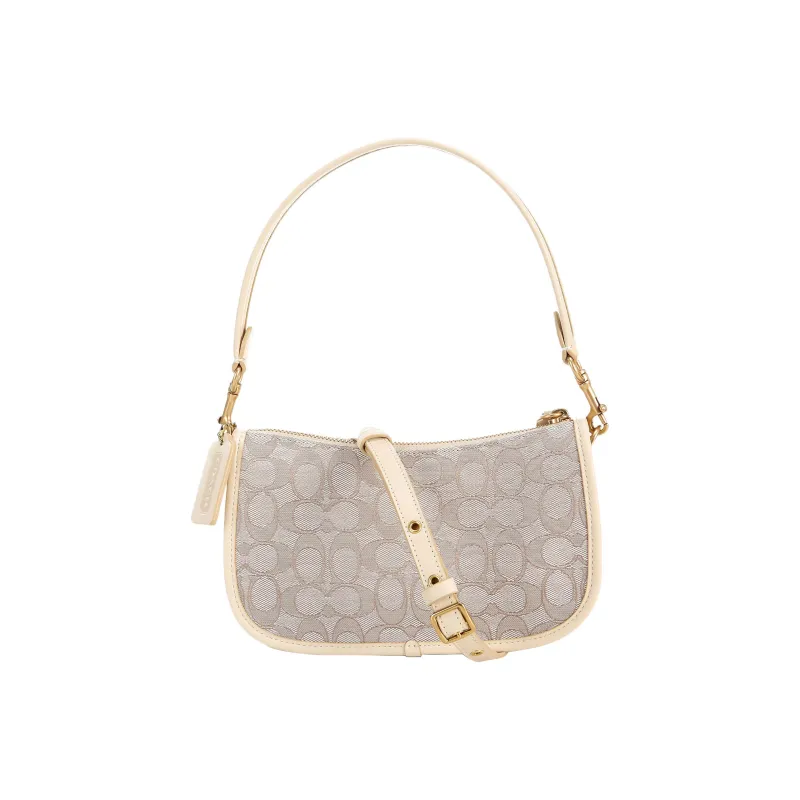 COACH Swinger Jacquard Fabric With Leather Shoulder Bag Handbag Crossbody Bag Medium Size Women's White/Gray-1