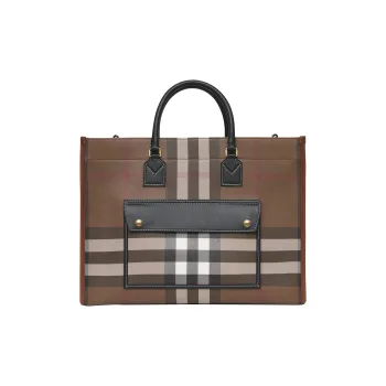 Burberry Check And Leather Freya Tote Bag Medium Dark Birch Brown