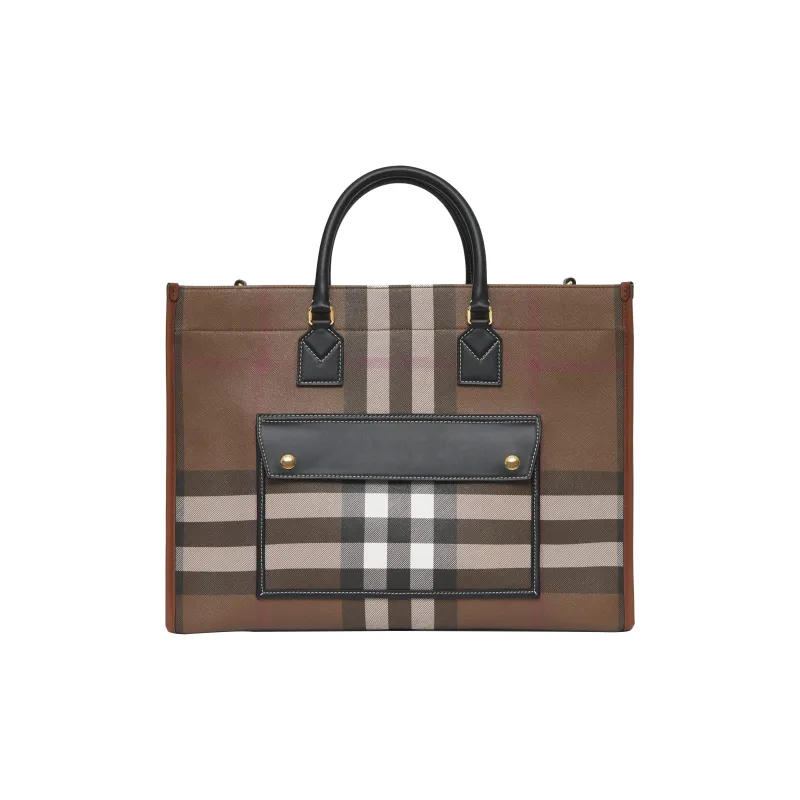 Burberry Check And Leather Freya Tote Bag Medium Dark Birch Brown-0