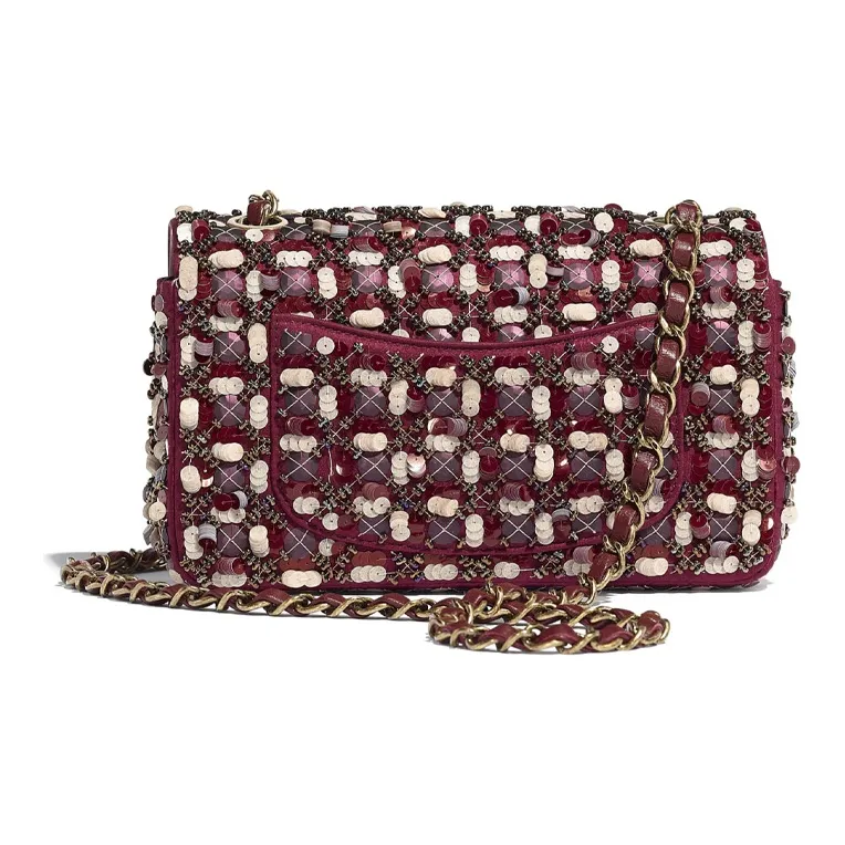CHANEL Satin Sequin Glass Pearl Flap Bag Women's Pink & White-1