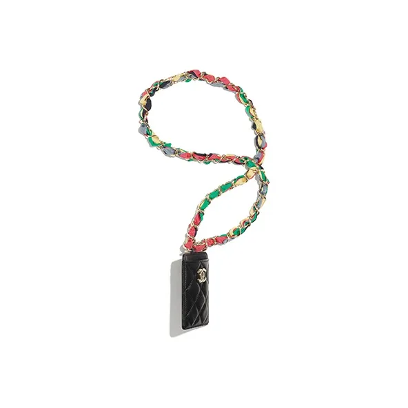 CHANEL Shiny Lambskin Necklace Card Holder Women's Black-1