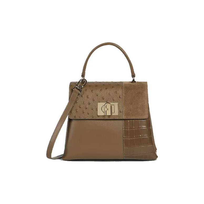 Furla Suede Crocodile Pattern Leather With Leather One Shoulder Crossbody Briefcase Handbag Women's Tan-0