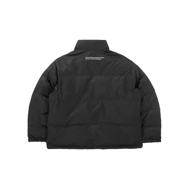 HARSH AND CRUEL Abstract Pattern Solid Color Stand Collar Loose Fit Thickened Puffer Jacket Unisex Black-3