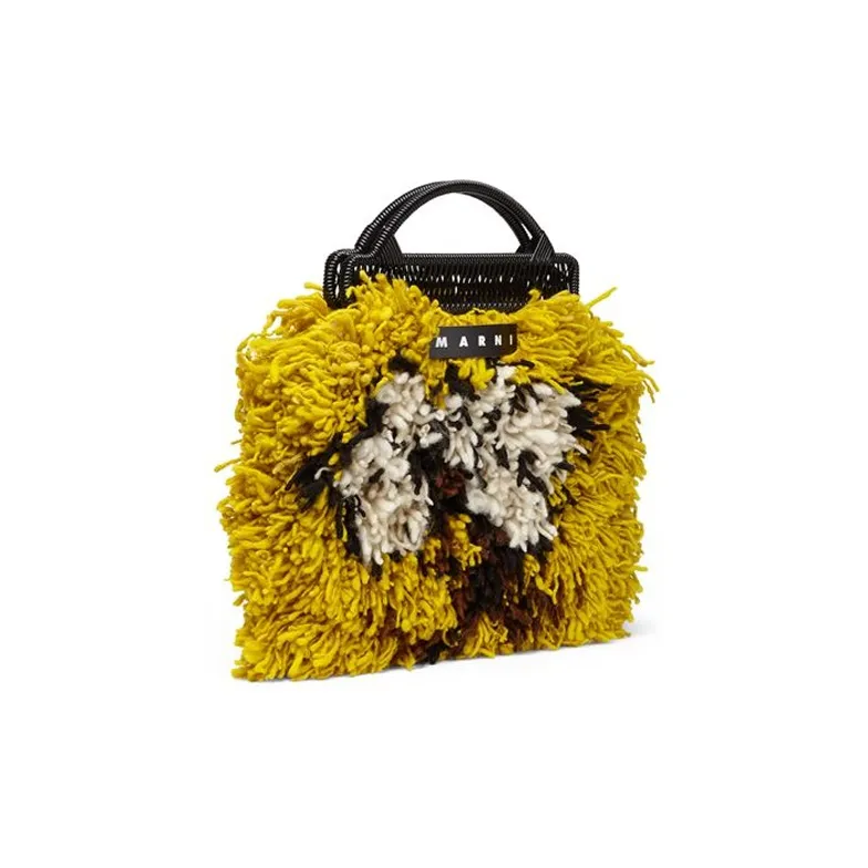 MARNI Shearling Grass Fabric, Leather Logo Handbag Women's Yellow/Brown/White-2