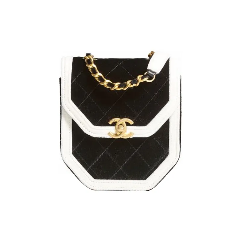 CHANEL 21K Winter Velour Flap Bag, Shoulder Bag, Crossbody Bag Women's Black/White-0