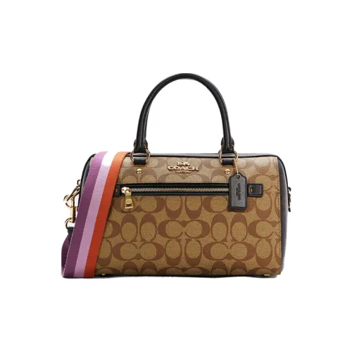 COACH Rowan Canvas With Leather Boston Bag, Shoulder Bag, Crossbody Bag Large Size Women's Coffee