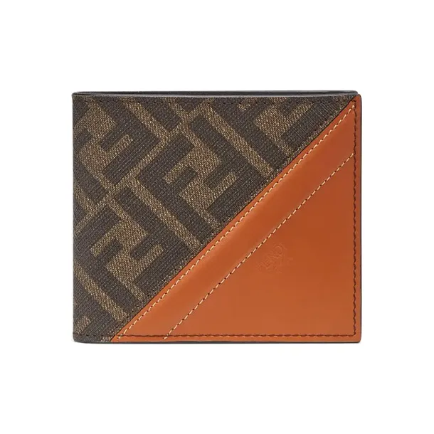 FENDI Coated Canvas With Leather Cropped Double Fold Wallet Men's Brown-0