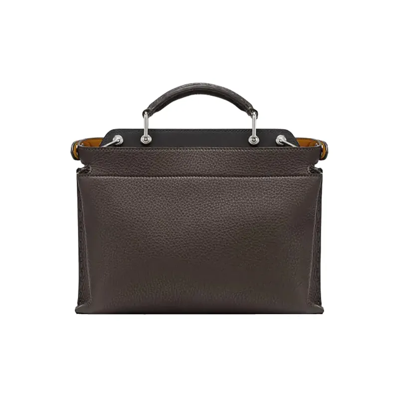 FENDI Peekaboo Embossed Leather One Shoulder Handbags Men's Brown-3