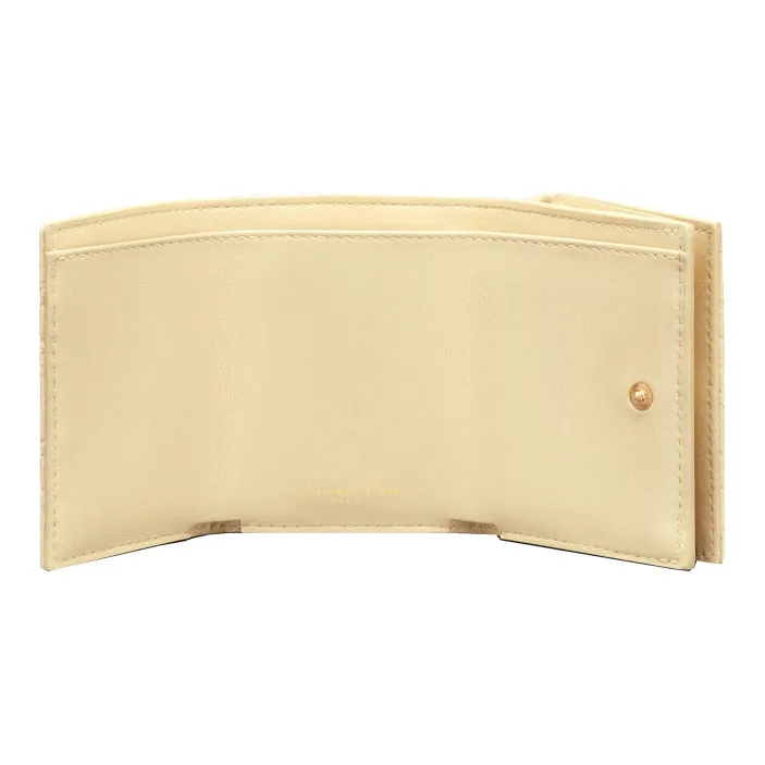 DIOR Caro Calfskin Coin Purse Card Holder Clutch Wallet Women's Custard-3
