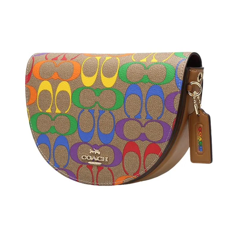 COACH Ellen Canvas Leather Saddle Bag, Crossbody Bag, Shoulder Bag Trumpets Women's Khaki-1