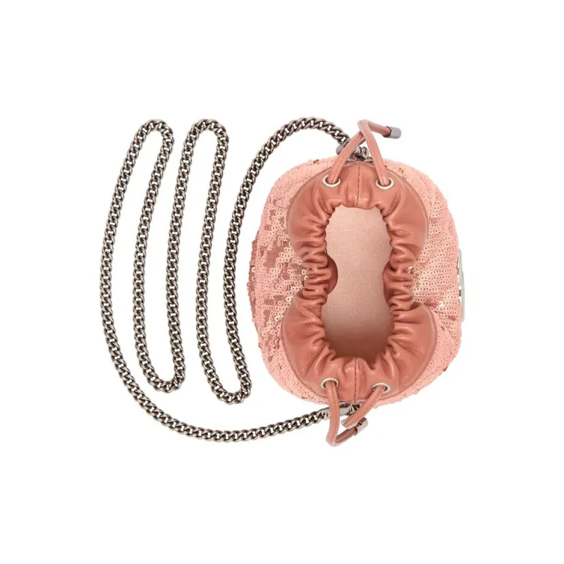 GUCCI Marmont Quilted Sequined Silk With Leather Bucket Bag, Shoulder Bag, Crossbody Bag Mini Women's Light Pink-5