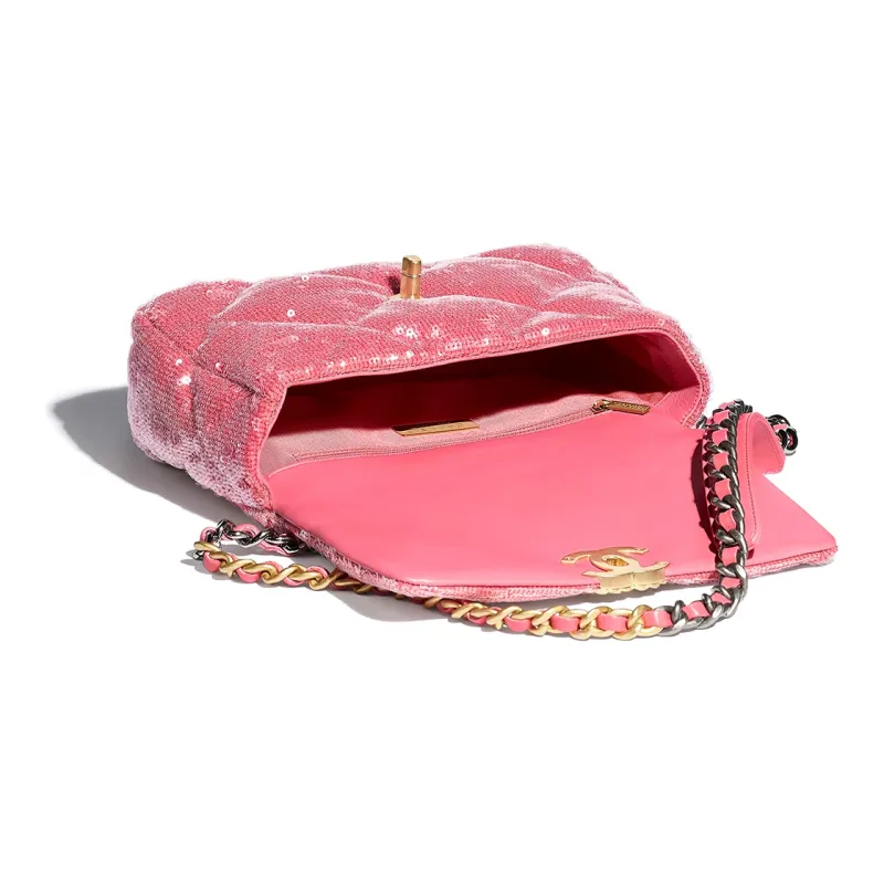CHANEL 19Bag Sequined Calfskin Flap Bag, Shoulder Bag, Crossbody Bag Trumpets Women's Coral-3