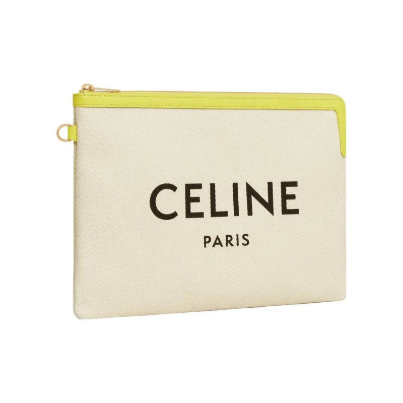 CELINE Cow Leather With Fabric Portable Clutch Small Size Women's Beige Yellow-2