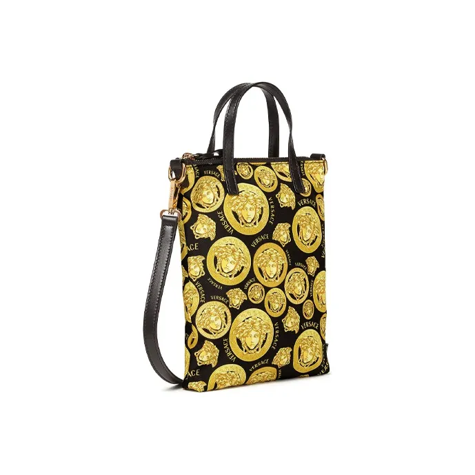 VERSACE Textile Cow Leather Tote Bag Shopping Bag Shoulder Bag Crossbody Bag Mini Unisex Gold-1