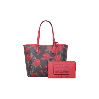 COACH City Canvas Shoulder Bag, Handbag Tubas Women's Monogram Dark Brown & Red
