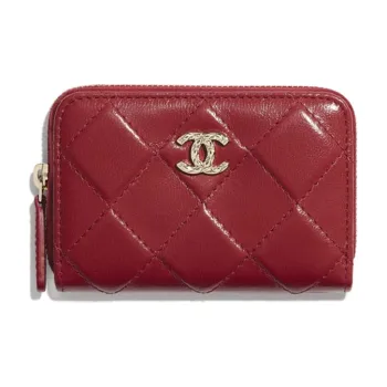 CHANEL Crushed Sheepskin & Metal Accessory Coin Purse Wallet Women's Red