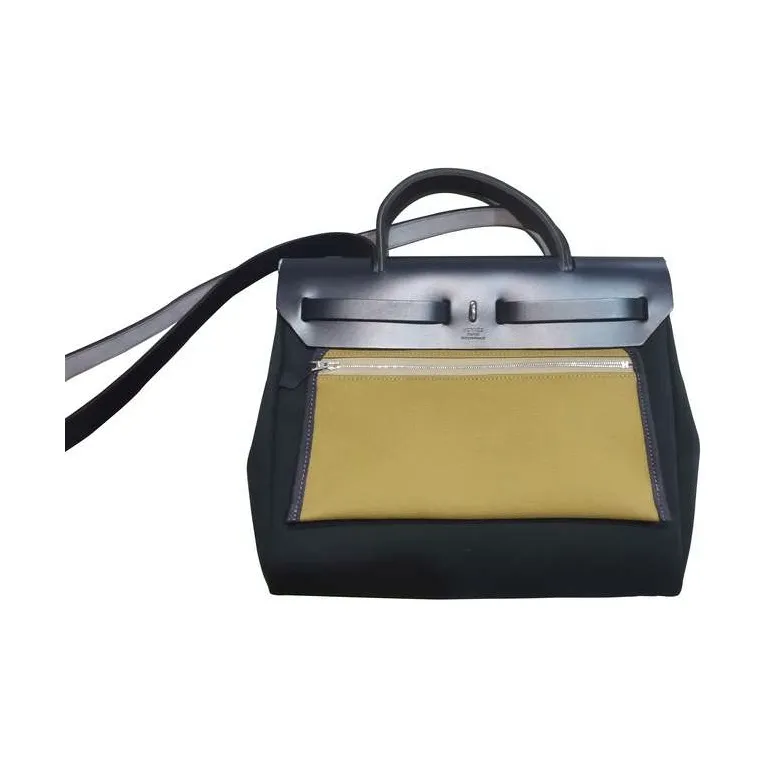 HERMES Herbag Zip Cowhide Patchwork Canvas Shoulder Bag Crossbody Bag Handbag Unisex Pine Green Multicolor-2