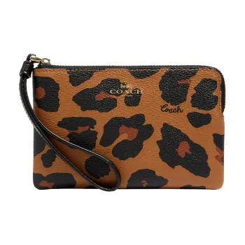 COACH Corner Zip Leather Wrist Bag Clutch Small Size Women's Yellow Brown Leopard Print