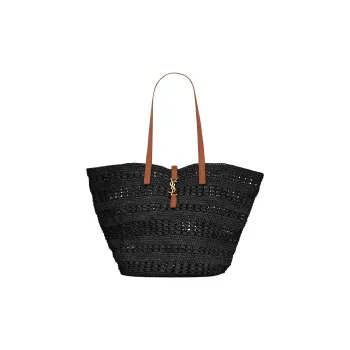 SAINT LAURENT Natural Woven Large Capacity Tote Bag Shopping Bag Handbag Medium Size Women's Black